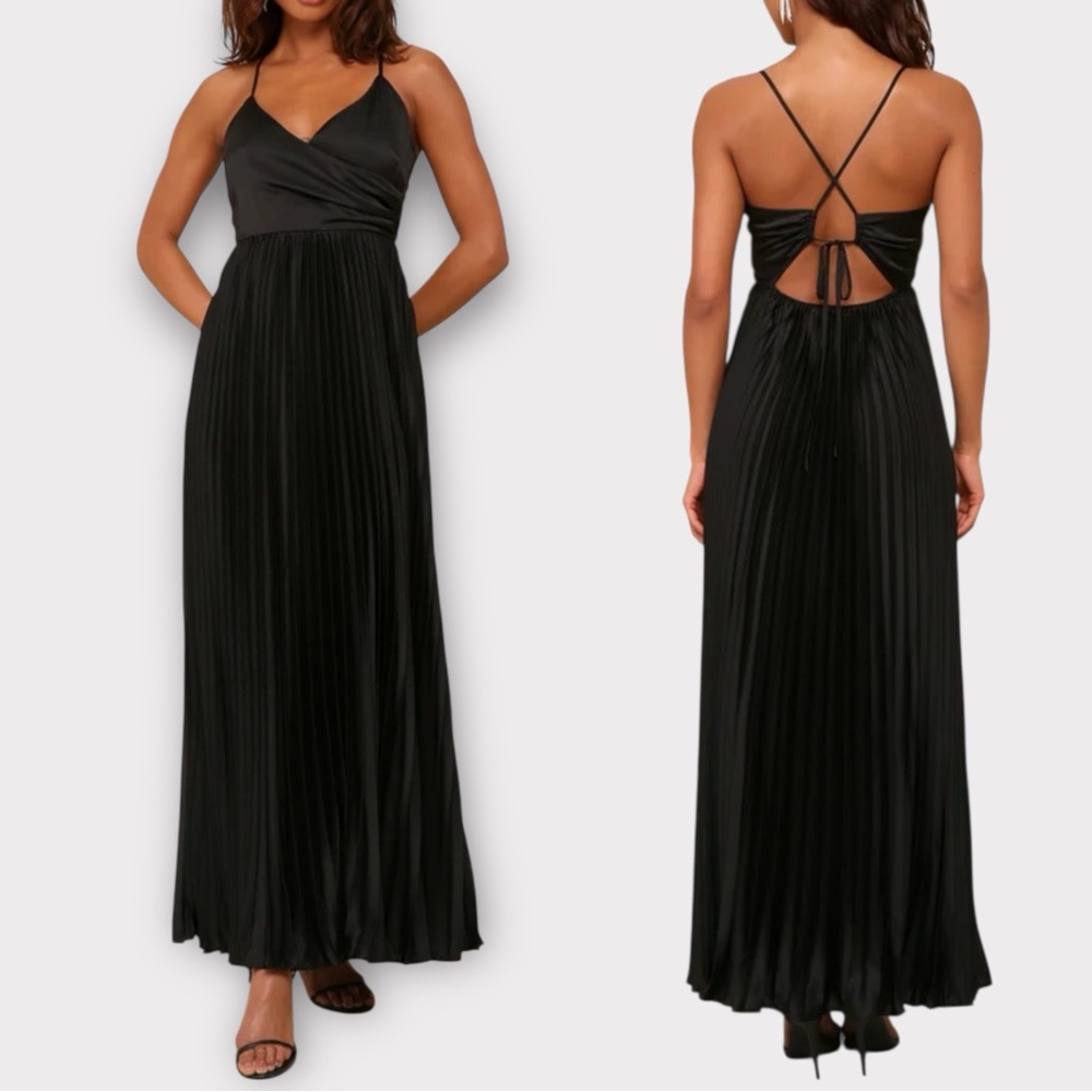 NWOT Lulus Precious Sentiments Black Satin Pleated Tie-Back Maxi Dress Size M